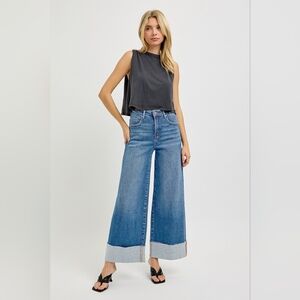 Risen HR Tummy Control Medium Wash Wide Leg Cuffed Denim Jeans Various NEW